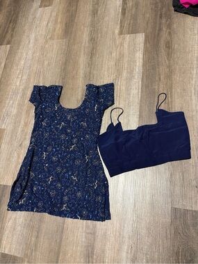 Salwar Kameez Brand Navy Blue Paisley Tunic with Solid Navy Blouse